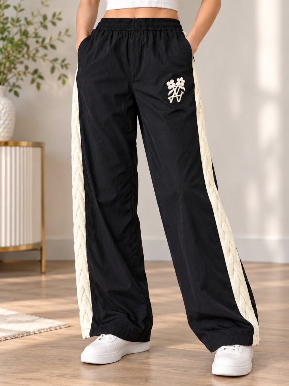 Black Wide Leg Track Pants Cream Cable Knit Side Panels Luxury Streetwear L